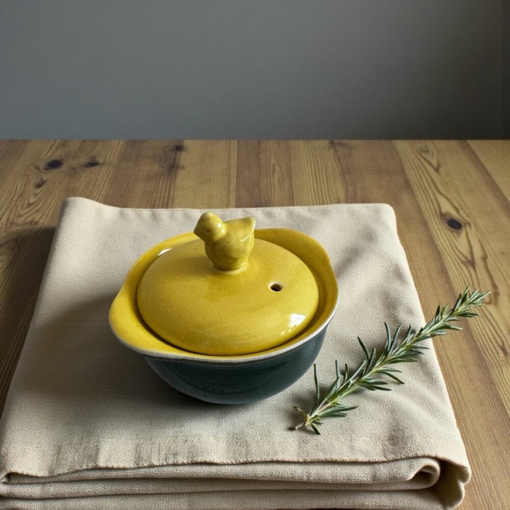 Vintage Hall China Green Yellow Covered Individual Casserole Chick Finial Lid